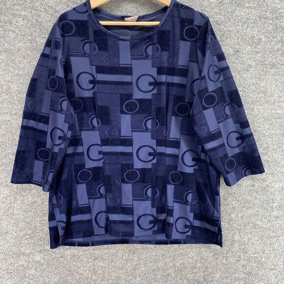 Chico's Blouse Women M Medium Blue Geometric Round Neck Lined 3/4 Sleeve Velvet - Picture 4 of 9